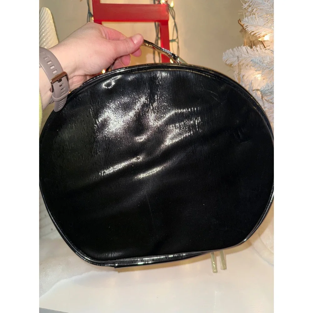 Lancome Black Patent Round Vanity Makeup Train Case Bag Cosmetic‎